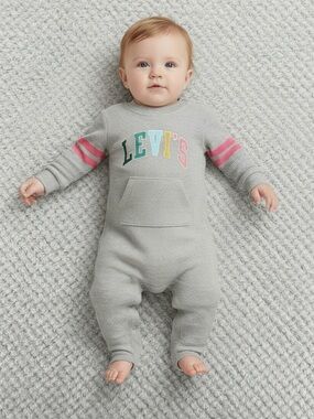 Levi's Baby Girl Grey Waffle Knit Pink Stripes & Multicoloured Logo Coverall 3M